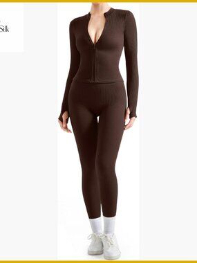 Seamless Ribbed Workout Set Zip Jacket High Waist Leggings Size Small